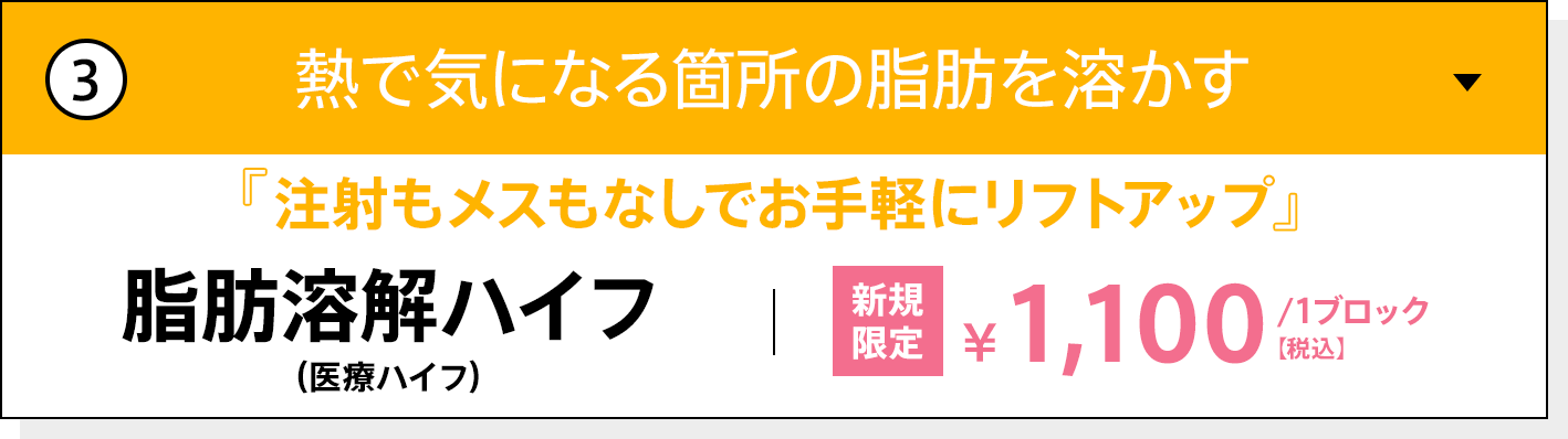 熱で気になる箇所の脂肪を溶かす 注射もメスもなしでお手軽にリフトアップ 脂肪溶解ハイフ（医療ハイフ） 初回限定 1ブロック 1,100円（税込）