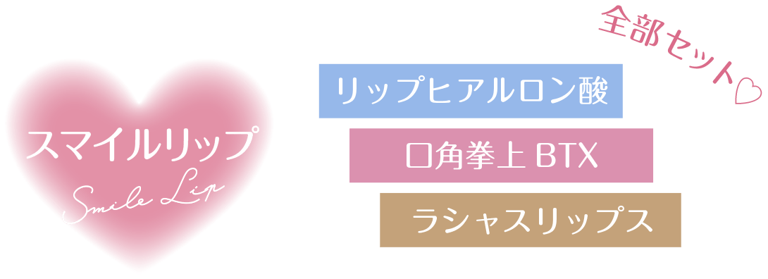 スマイルリップは、唇のヒアルロン酸注射(唇フィラー)、マウスリフトBTX注射(⼝⾓挙上BTX注射)、ラシャスリップスの3つ全部がセット！